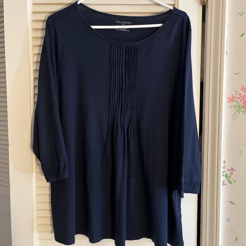 Talbots Pintucked Navy Cotton-Blend Tunic 2X